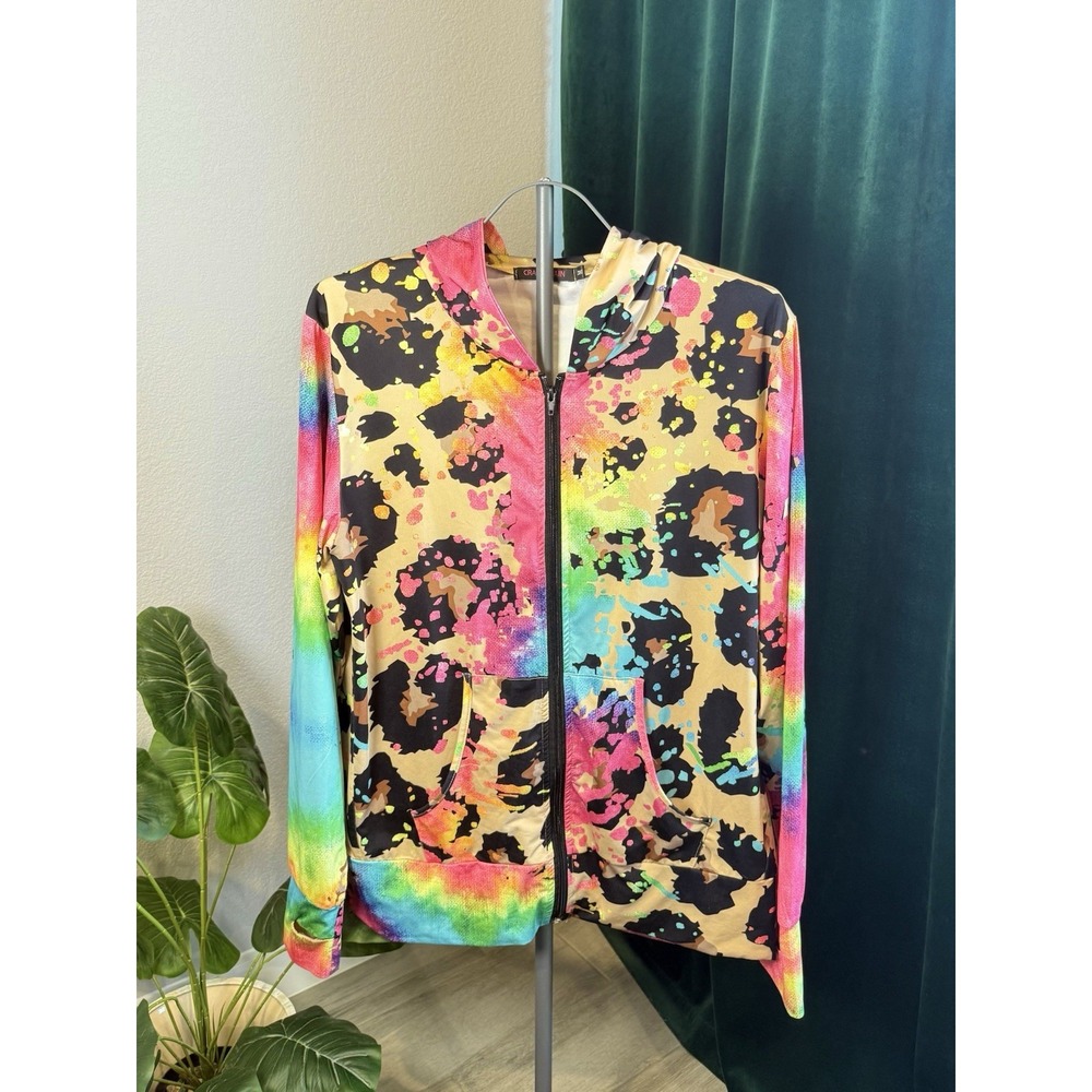 Crazy Train M Neon Rainbow Leopard Tie Dye Full Zip Hooded Jacket Western Boho